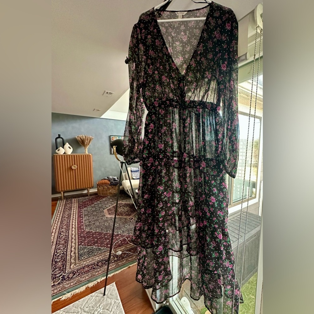 Black Chiffon Tiered Maxi Long Sleeve Dress in Spot Pink Floral Pattern